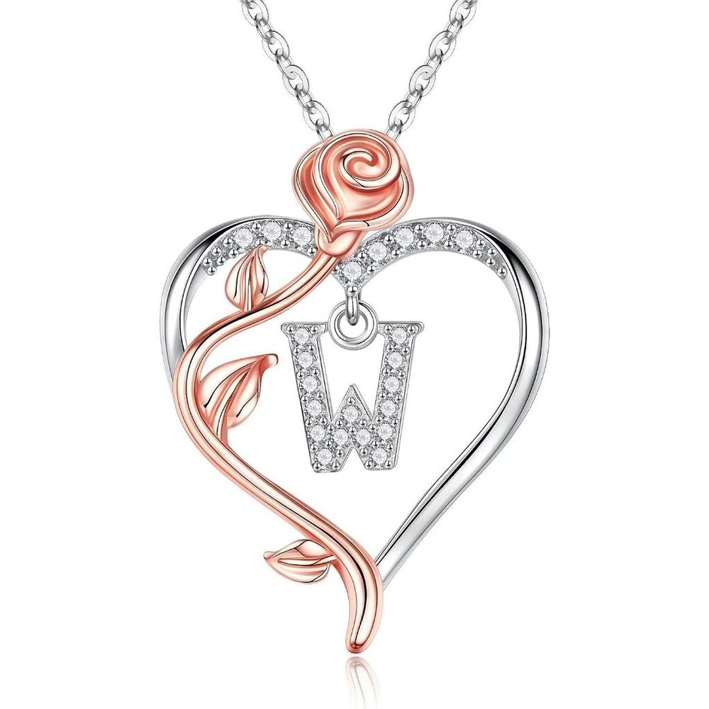Women 925 Sterling Silver Rose Love Heart  Letter Pendant  Necklaces